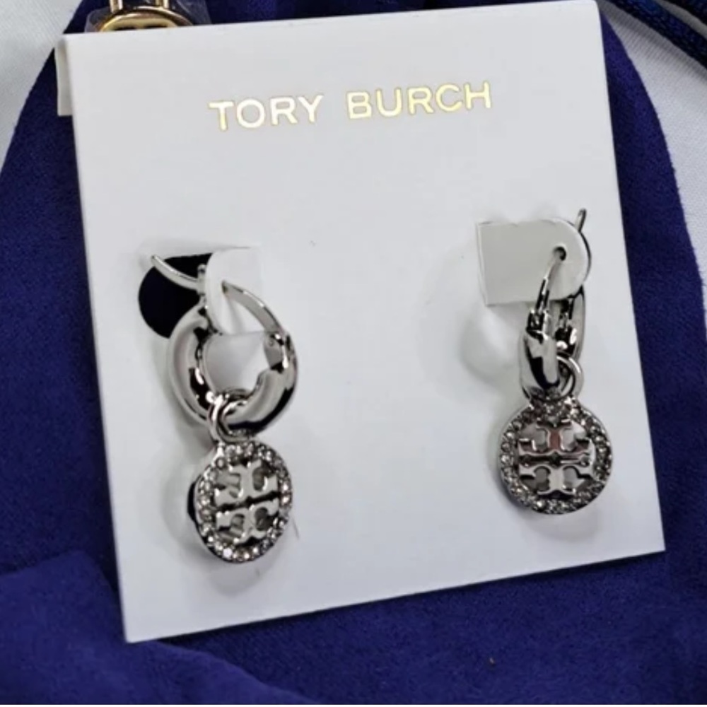 Silver Tory Burch Crystal-Embellished Drop Earrings - Designer Logo Medallion